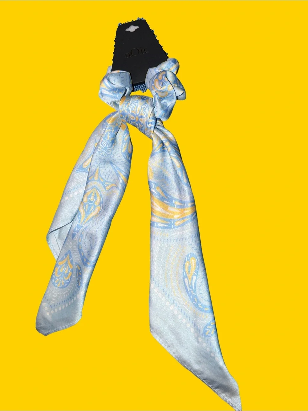 nOir Jewelry Light Blue & Yellow Paisley Satin Scarf Hair Scrunchie